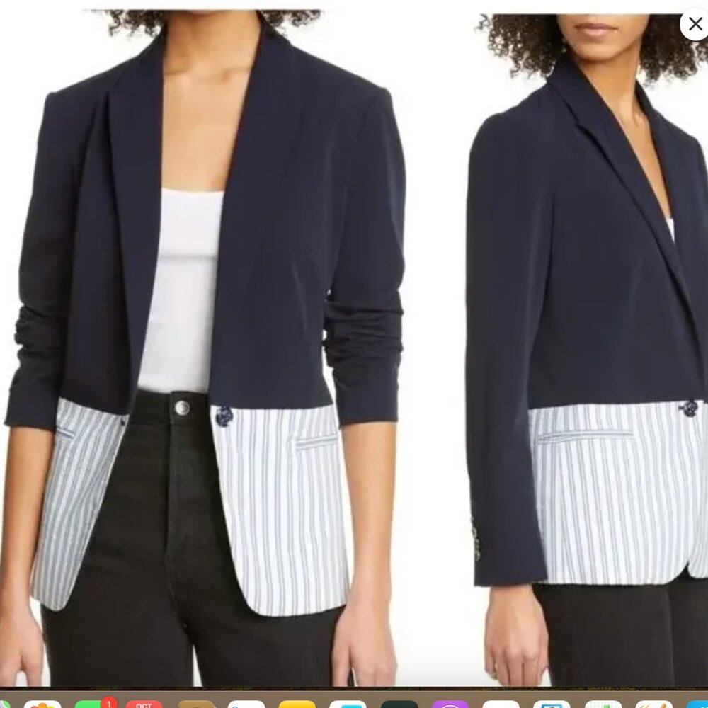 Tanya Taylor Blue One Button Blazer with Colorblock white and blue stripes